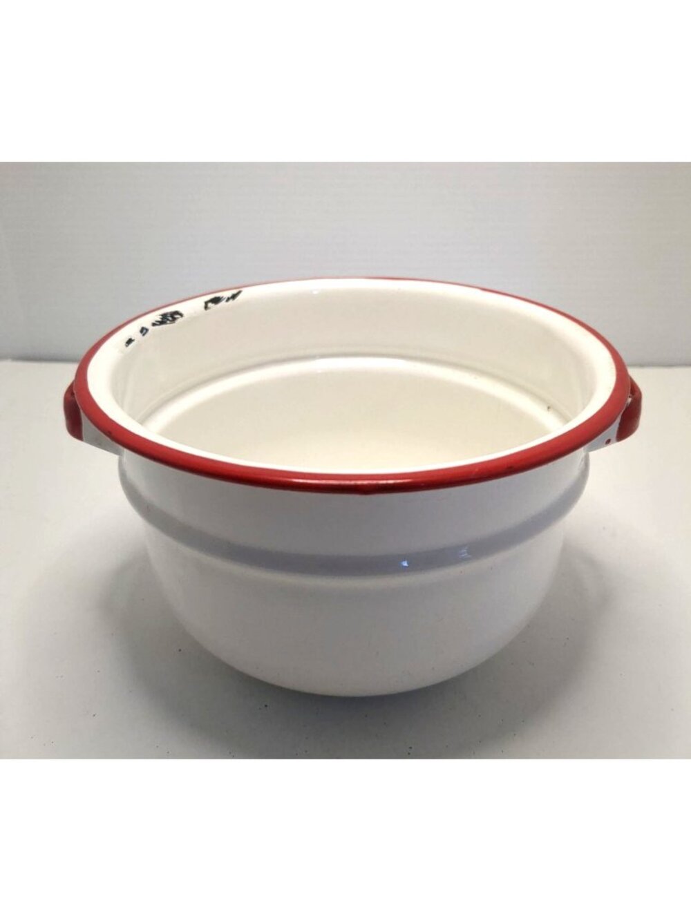 Vtg. White Enamelware Double Boiler Top Insert Bowl Red Rim Handles Replacement